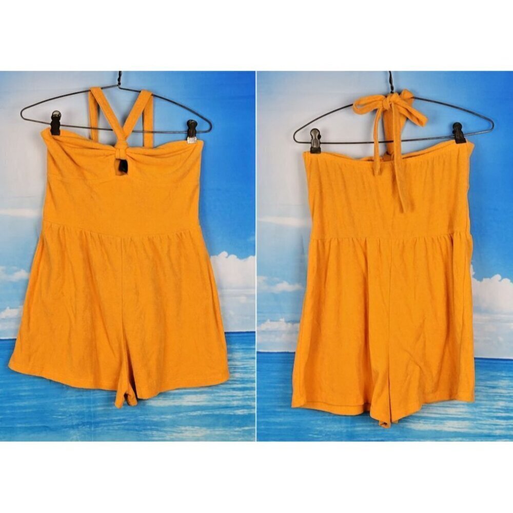 WILD FABLE Woman's ORANGE Terry Cloth Romper Shorts HALTER Straps size Sm - Picture 1 of 5